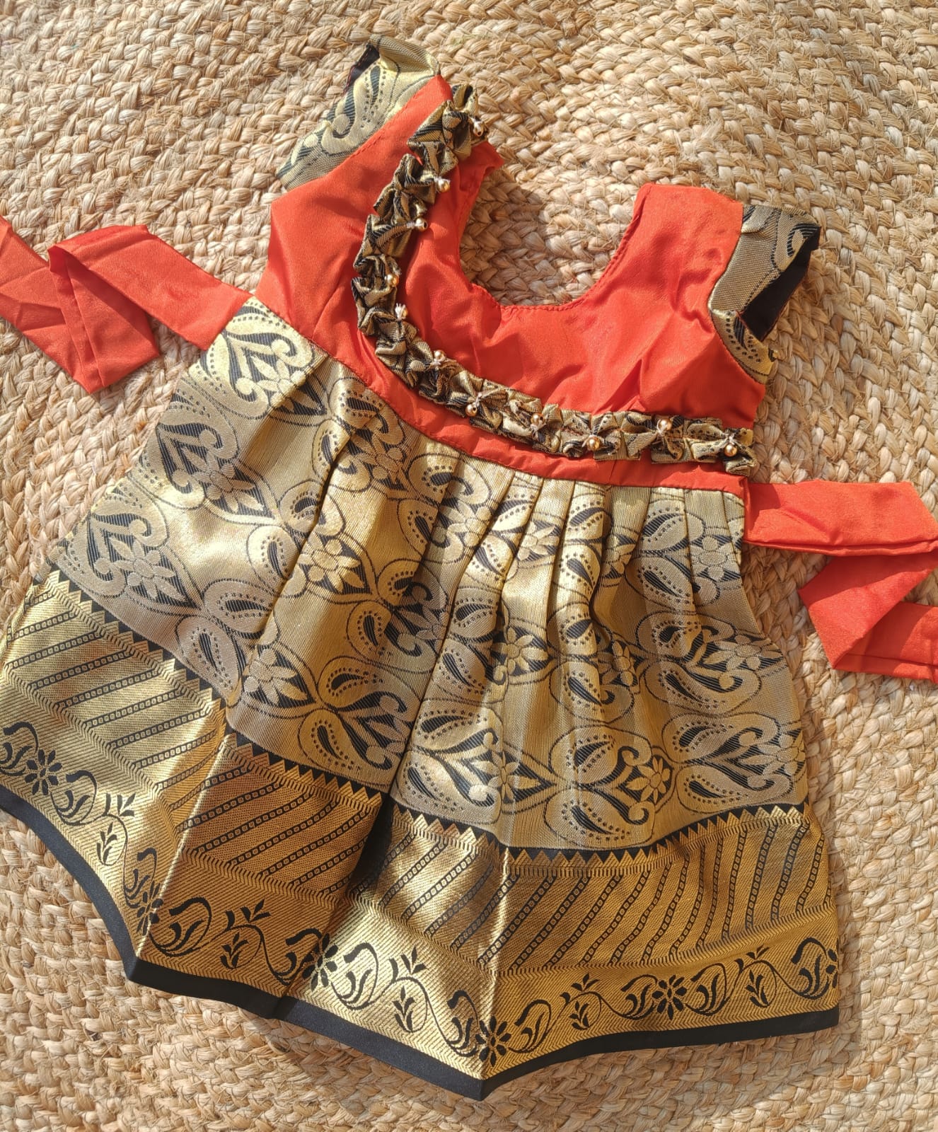 Orange And Gold Zari Black Frock