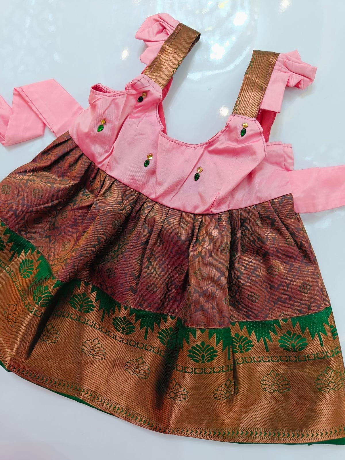 Baby Pink And Green Copper Zari Frock