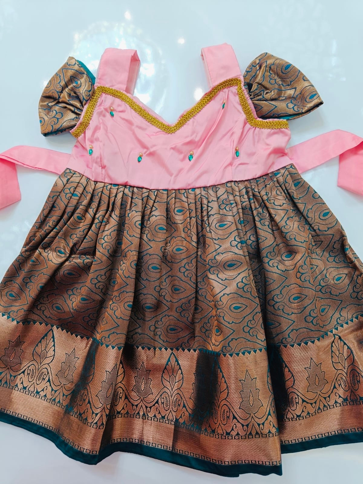 Pink And Peacock Blue With Copper Zari Frock