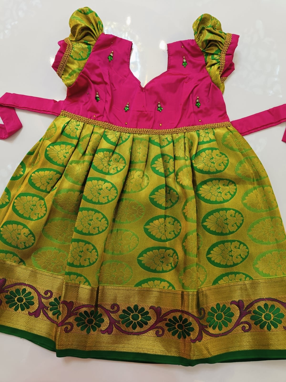 Pink & Green Frock with Gold Zari
