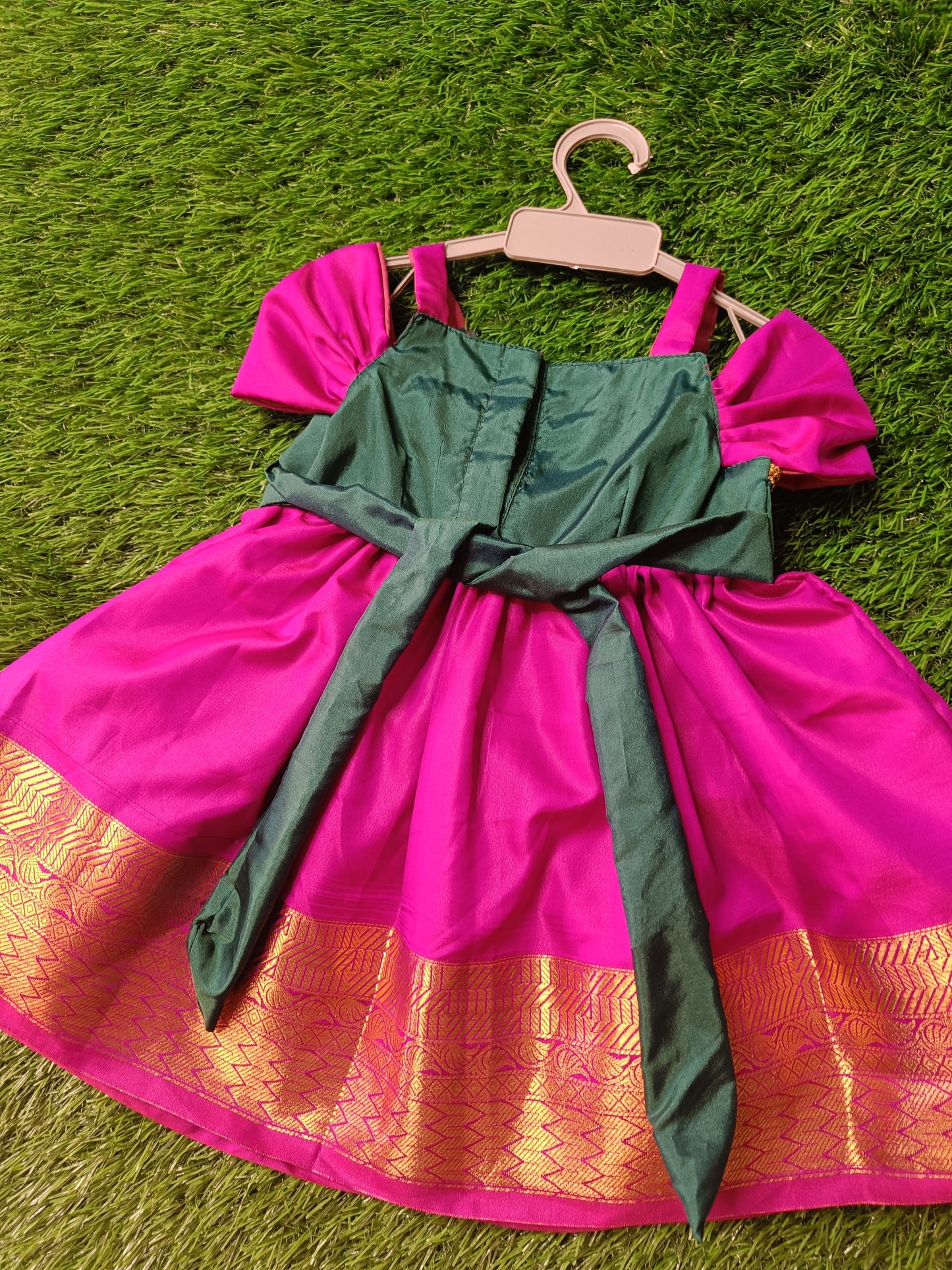 Rani pink & Green colour frock