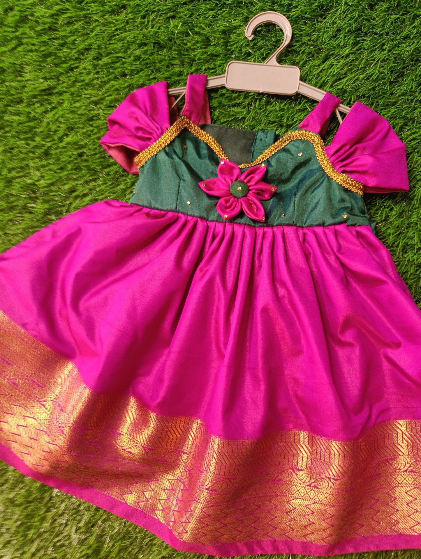 Rani pink & Green colour frock