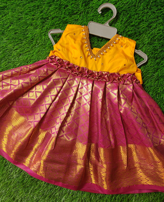 Yellow & Rani pink frock