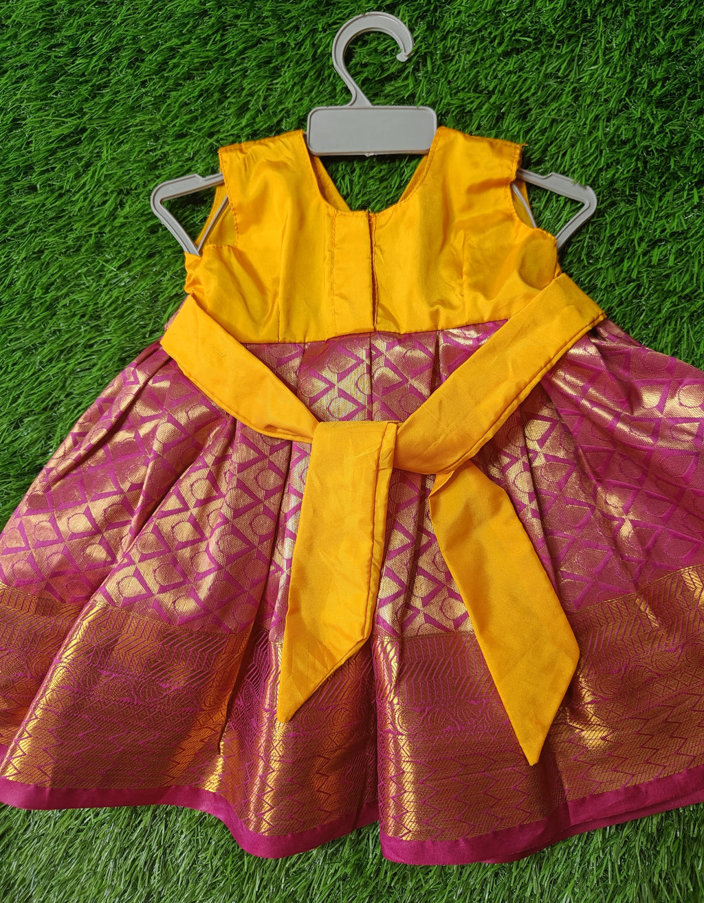 Yellow & Rani pink frock