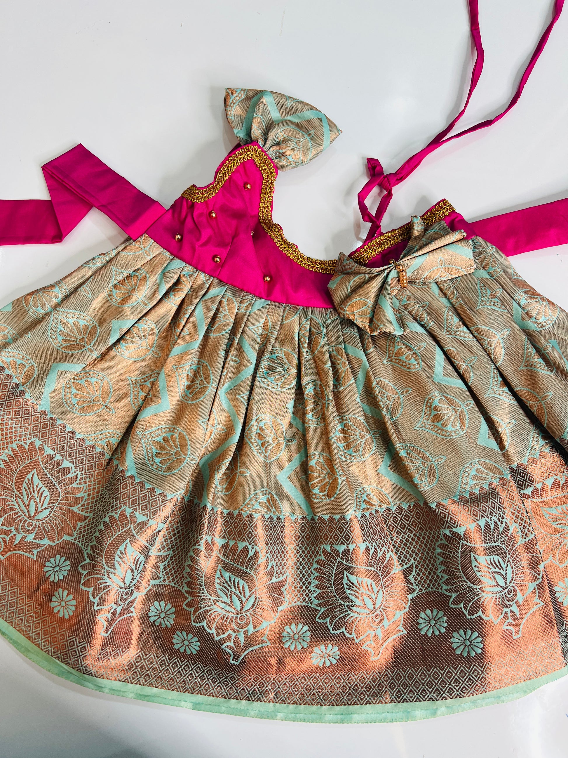 Pink And Gold Zari Green Frock